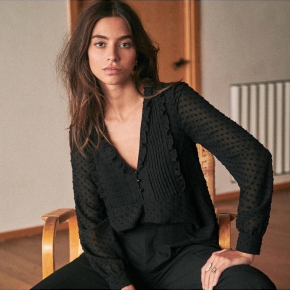 Sezane Black Swiss Dot Ruffle Pintuck Blouse